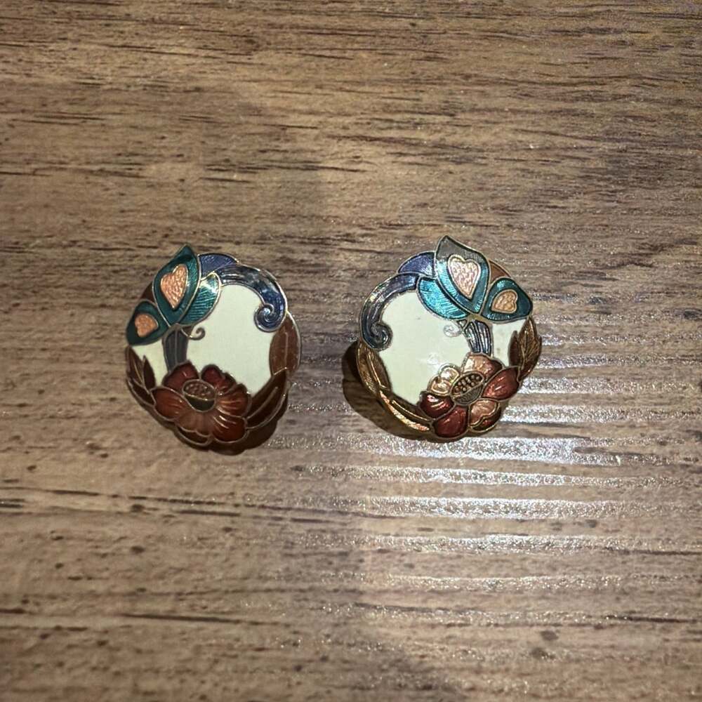 Vintage Cloisonne Round Red Flower Blue Butterfly Earrings Post Pierce Gold Tone